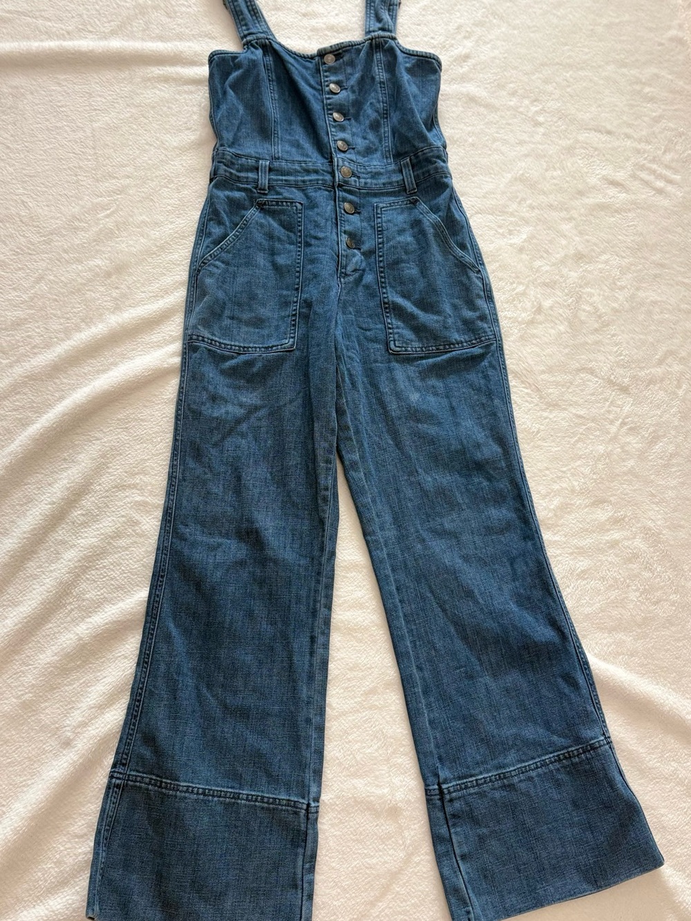 Aerie Women’s Blue Denim Overalls Button Front Pockets S Flared Leg